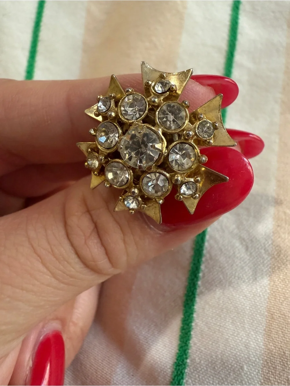 1950s Goldtone Maltese Cross Rhinestone Screwback Earrings